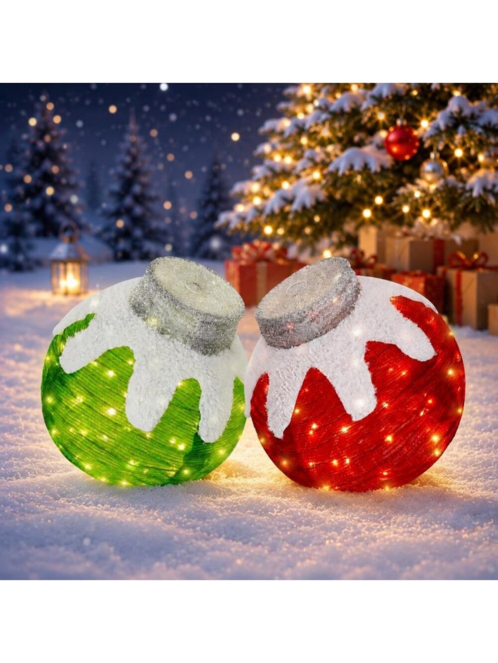 2 Pcs Lighted Outdoor Christmas Ornaments - 160 LED Holiday Ball Decor, 8